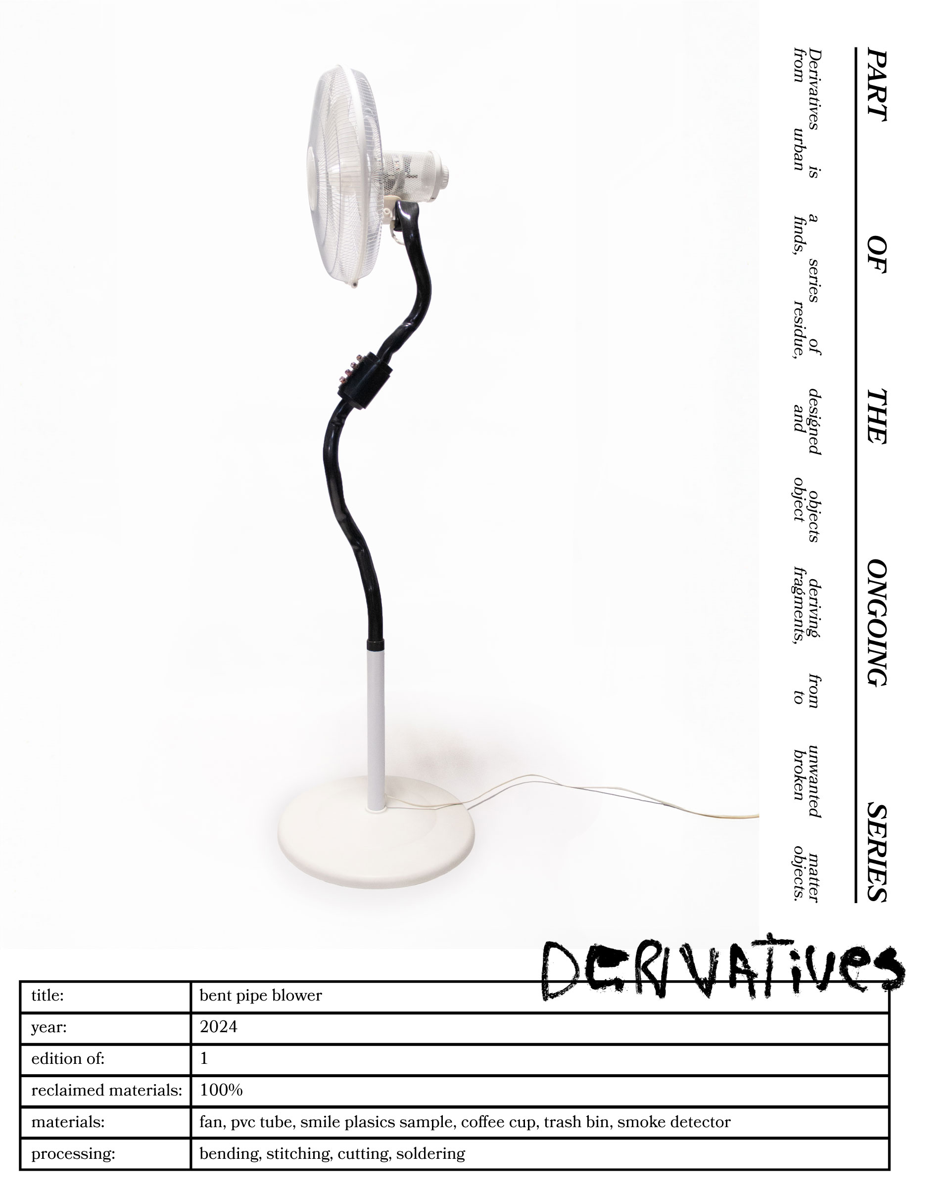 The 'Bent Pipe Blower,' created by Jannis Schäfer Studio, is a ventilator sculpture made from a reclaimed PVC tube and Precious Plastic samples as knobs and buttons. The design features a standing fan with a curved black pipe as the stand, a white circular base, and a clear fan head. This upcycled, recycled, and transformed piece is part of a series of derivative designs.