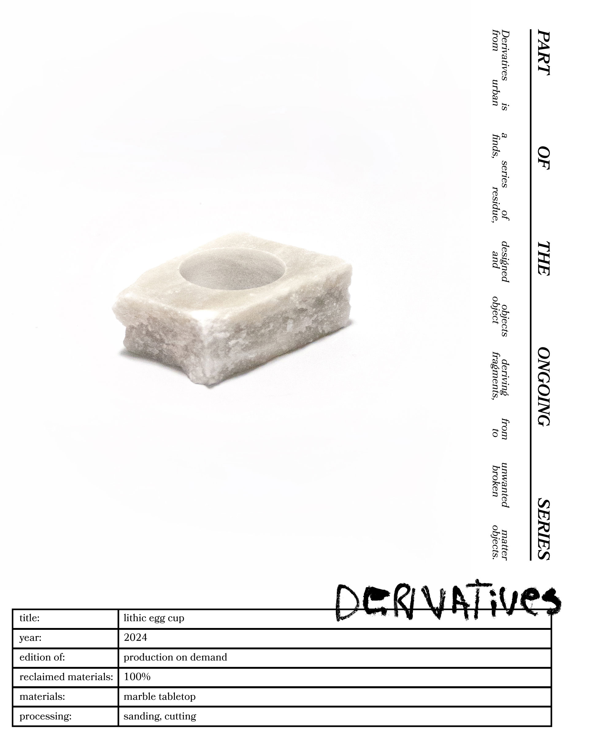The 'Lithic Egg Cup,' created by Studio Jannis Schäfer, is made from a reclaimed marble tabletop. The design features a brown egg sitting on a small, rectangular marble base. This upcycled, recycled, and transformed piece is part of a series of derivative designs.