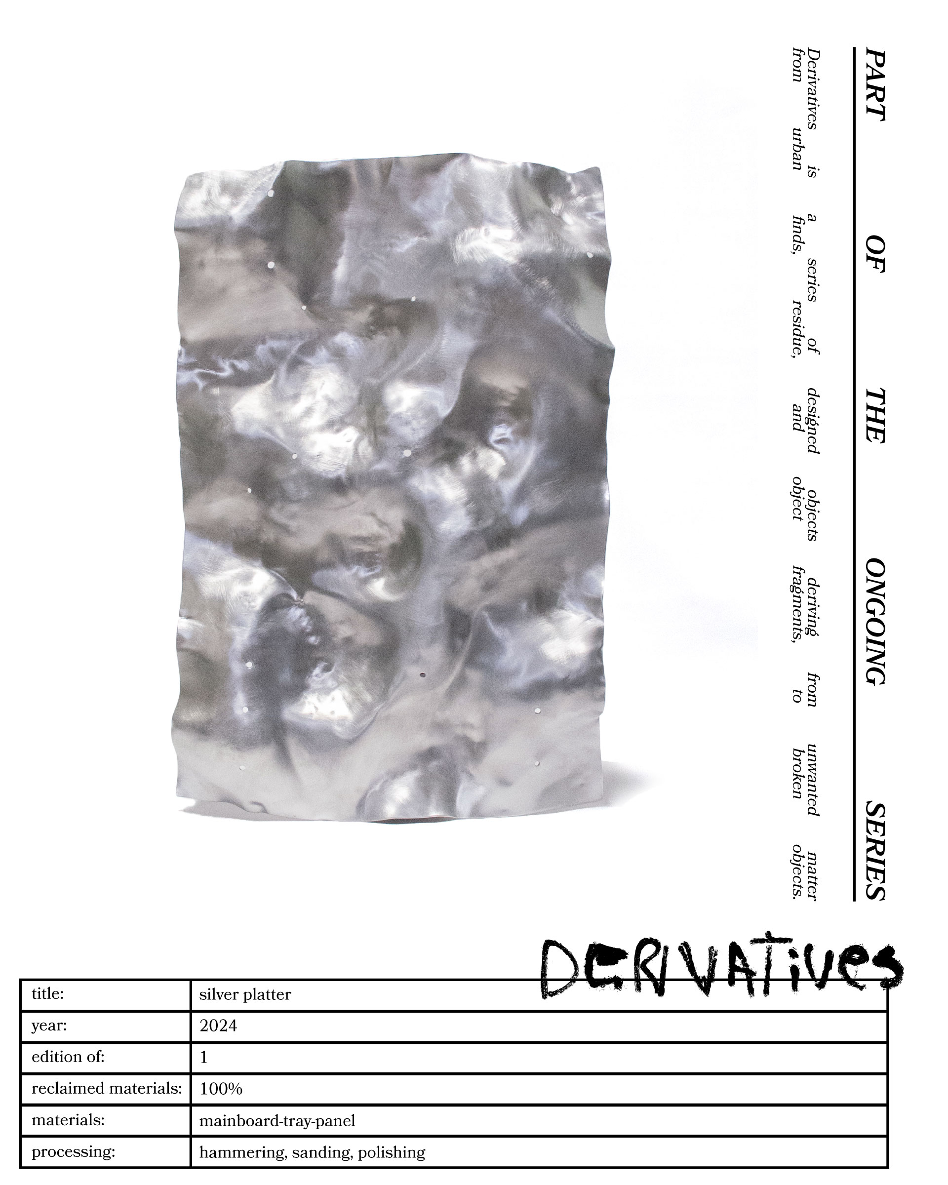 The 'Silver Platter,' created by Jannis Schäfer Studio, is made from a reclaimed aluminum motherboard tray. The design features a textured, undulating surface with a metallic finish. This upcycled, recycled, and transformed piece is part of a series of derivative designs.