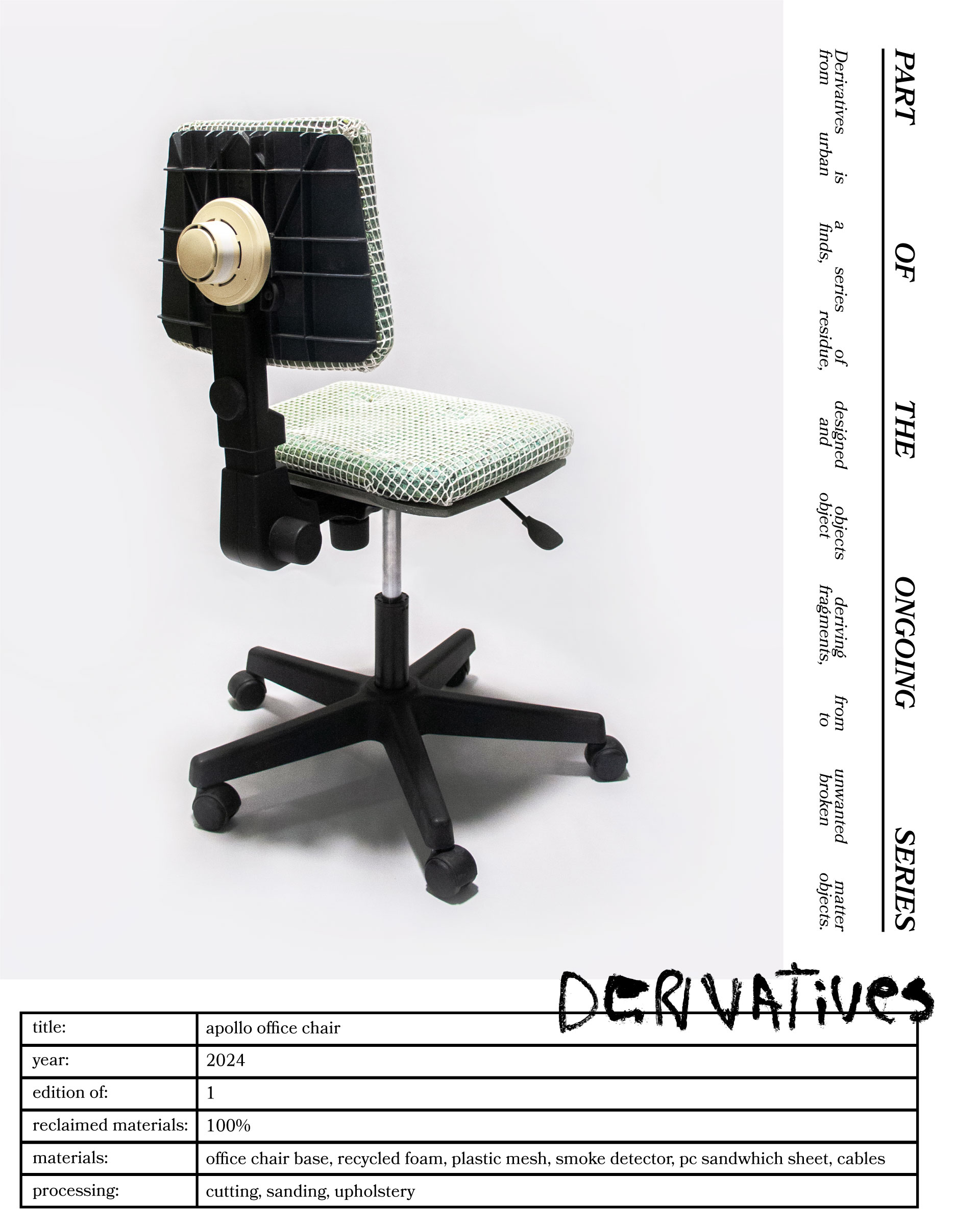 The 'Apollo Office Chair,' created by Studio Jannis Schäfer, is made from recycled insulation material, a plastic grid, and a smoke detector. The design features a cushioned seat and backrest covered in a green and white grid pattern, supported by a black five-wheel base with adjustable height. This upcycled, recycled, and transformed piece is part of a series of derivative designs.