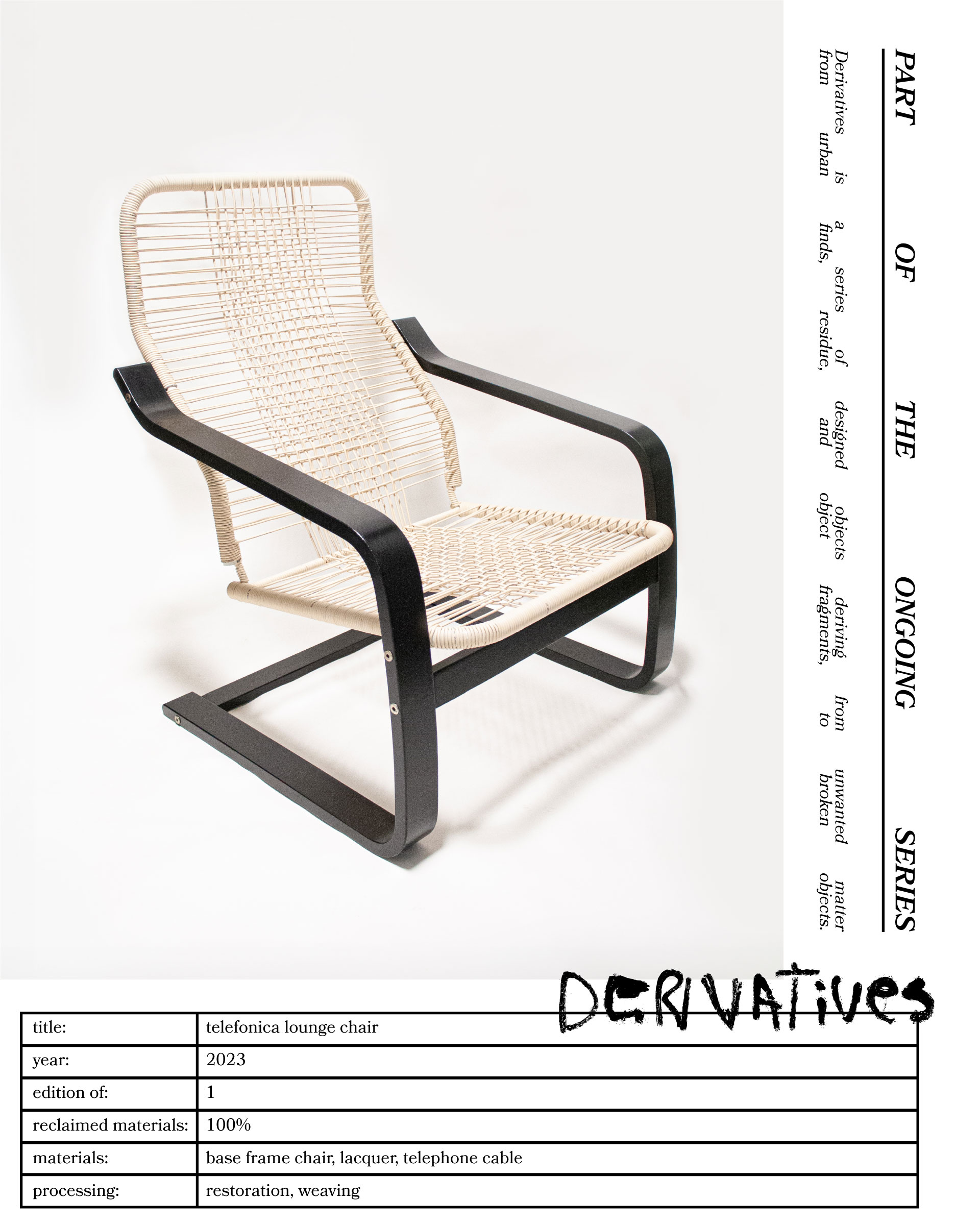 The 'Telefonica Lounge Chair' created by Jannis Schäfer Studio, made from reclaimed telephone cables woven into a supportive seat and backrest. The chair features a sleek black frame with curved armrests and legs. This upcycled, recycled, and transformed piece is part of a series of derivative designs.