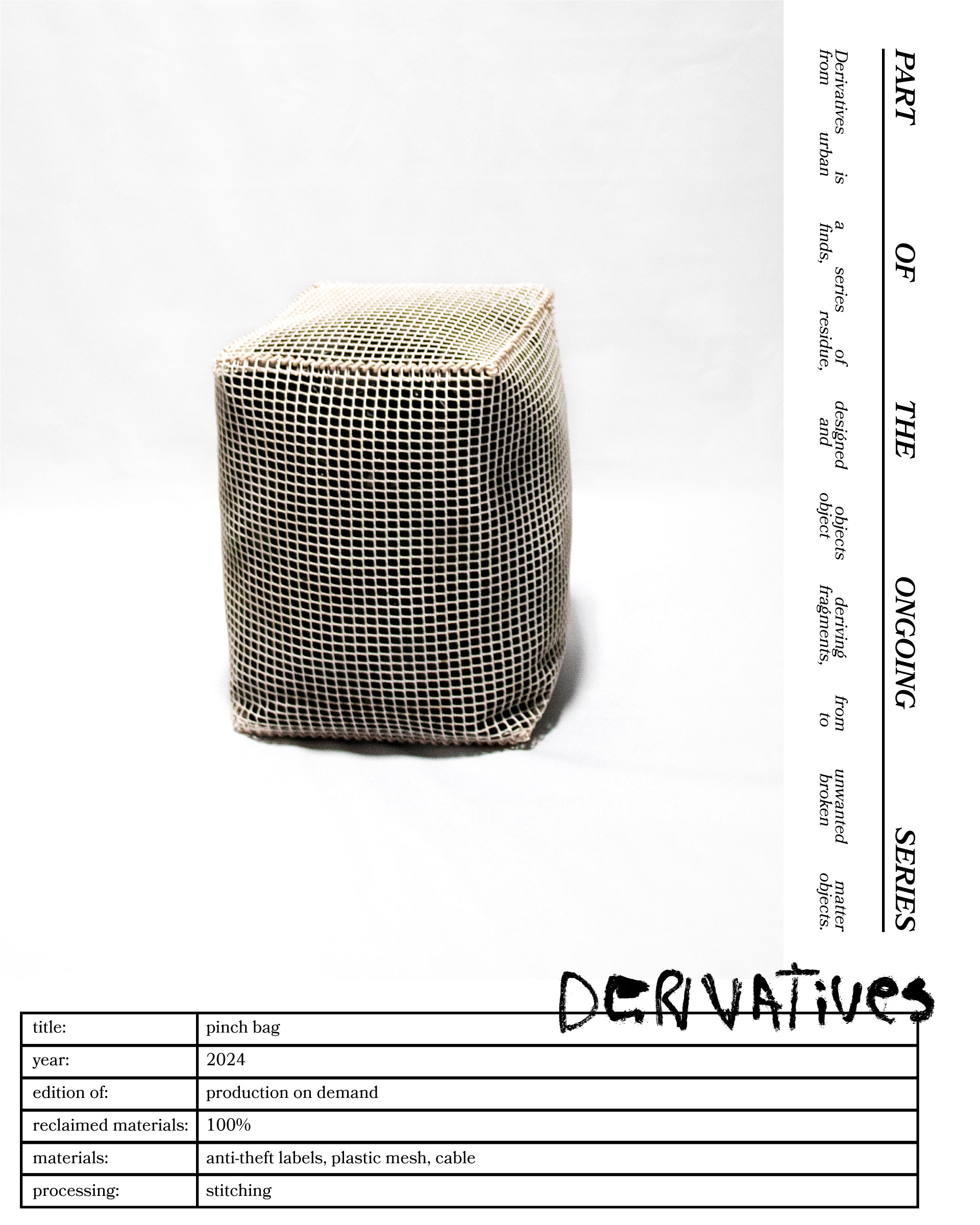 The 'Pinch Bag,' created by Studio Jannis Schäfer, is a pouf made from reclaimed anti-theft labels and a plastic grid. The design features a rectangular shape with a visible grid pattern overlaying the dark material inside. This upcycled, recycled, and transformed piece is part of a series of derivative designs.